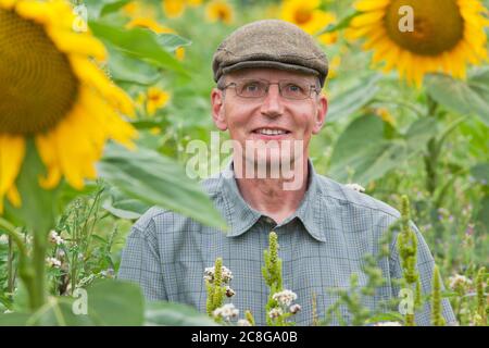Joyeux sourire jardinier mûr dans un champ vert avec des tournesols organiques et des fleurs sauvages sans réaction allergique - regardant l'appareil photo Banque D'Images