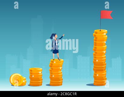 Vecteur d'une femme d'affaires debout sur une pile croissante de pièces de monnaie pensant comment atteindre les objectifs financiers principaux Illustration de Vecteur
