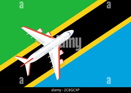 Illustration vectorielle d'un avion de passagers survolant le drapeau de la Tanzanie. Concept de tourisme et de voyage Illustration de Vecteur