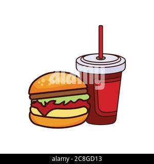 Icône plate de délicieux hamburgers et boissons de restauration rapide. Modèle de conception Vector Illustration de Vecteur