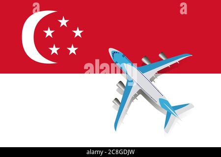 Illustration vectorielle d'un avion de passagers survolant le drapeau de Singapour. Concept de tourisme et de voyage Illustration de Vecteur