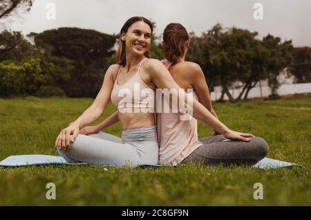 Deux femmes de fitness faisant du yoga dans un parc. Les femmes pratiquant des exercices de torsion assis ensemble dans la direction opposée. Banque D'Images