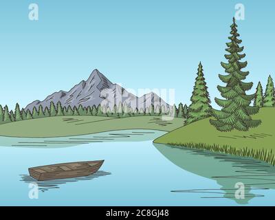 Mountain Lake graphique couleur paysage esquisse illustration vecteur Illustration de Vecteur