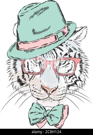 Tigre vectoriel portant des lunettes et un chapeau. Taille basse. Illustration vectorielle pour carte de vœux, poster ou impression sur des vêtements. Illustration de Vecteur