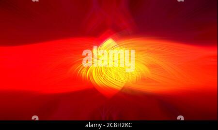 De belles fibres 3d abstraites entrelacées formant une forme d'éclat ou de flamme. Jaune, rouge vif et orange. Illustration. Banque D'Images