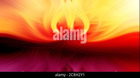 De belles fibres 3d abstraites entrelacées formant une forme de flamme. Jaune, rouge vif et violet. Illustration. Banque D'Images