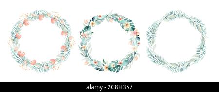 Ensemble de couronnes tropicales aquarelle avec fleurs de jungle AMARYLLIS et feuilles. Mariage ANTHURIUM cadre romantique tropique. Conception de l'invitation Banque D'Images