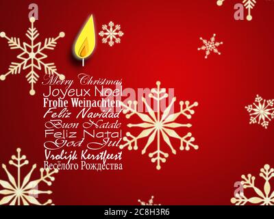 Carte de visite Joyeux Noël. Souhaits de Noël en langues européennes Anglais, Français, Allemand, Portugais, Italien, Espagnol, Suédois, Néerlandais, russe forme de bougie sur fond rouge. Illustration 3D Banque D'Images