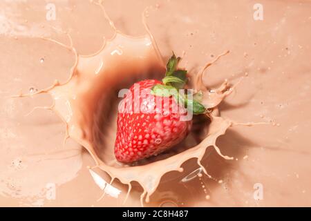 fraise tombant dans le lait au chocolat Banque D'Images