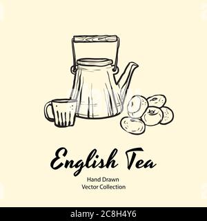 Théière, tasse et beignets illustration vectorielle noire à la main dans un style ancien pour menu de café, logo, bannière, Flayer Illustration de Vecteur
