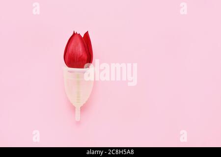 Gobelet menstruel réutilisable avec tulipe rouge à l'intérieur sur fond rose. Autre produit d'hygiène féminine pendant la période. Concept de santé des femmes. Zéro wa Banque D'Images