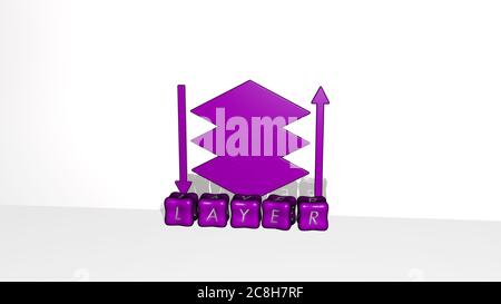 Représentation 3D d'UN CALQUE avec icône sur le mur et texte disposé par des lettres métalliques cubes sur un fond miroir pour la signification du concept et la présentation du diaporama. Arrière-plan et illustration Banque D'Images