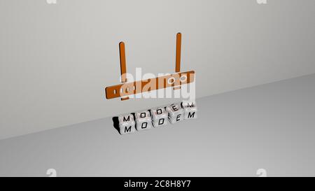 Représentation 3D du modem avec icône sur le mur et texte disposé par des lettres métalliques cubes sur un sol miroir pour la signification du concept et la présentation du diaporama. Illustration et Internet Banque D'Images