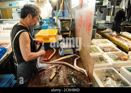 Editorial TOKYO, JAPON- MAI 2010 : marché de Tsukiji est un grand marché aux poissons dans le centre de Tokyo. Le marché est composé de petites boutiques et restaurants foule Banque D'Images