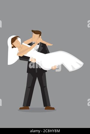 Illustration vectorielle de la bande dessinée porte sa mariée nouvellement mariée de style mariée de mariage isolée sur fond gris. Illustration de Vecteur