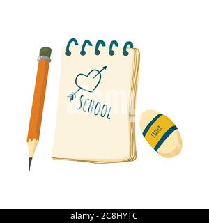 Illustration vectorielle crayon, bloc-notes et gomme en dessin animé. Illustration de la papeterie de l'école isolée sur un châssis blanc. Article scolaire sti Illustration de Vecteur