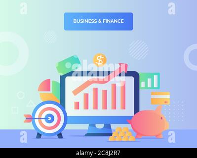 Business et finance concept augmenter le graphique sur l'écran d'ordinateur arrière-plan de la cible de l'argent de banque de porc avec le style plat. Illustration de Vecteur