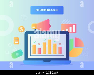 Graphique sur l'écran d'ordinateur portable arrière-plan du graphique circulaire monnaie dollar mégaphone surveillance de vente concept avec le style plat Illustration de Vecteur