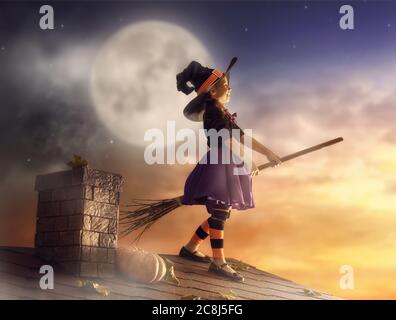 Joyeux Halloween ! Petite sorcière avec un bâton de poulet. Belle jeune fille en costume de sorcière sur le toit. Banque D'Images