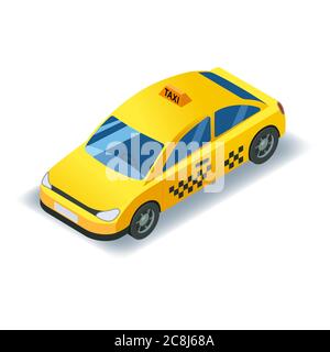 Taxi, transport isométrique de voiture, taxi jaune, service d'icône 3D. 3d isométrique ville transports publics, véhicule urbain, urbain. Illustration vectorielle isolée Illustration de Vecteur