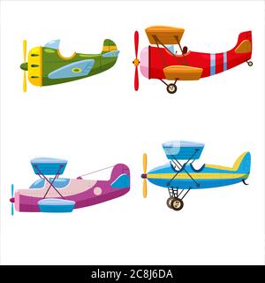 Ensemble d'avions avion différentes couleurs. Rétro, personnel, vitesse, biplan, monoplan. Style de dessin animé vectoriel isolé Illustration de Vecteur
