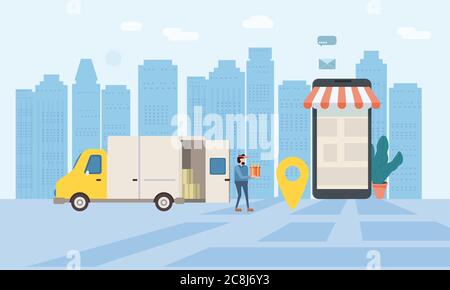 Livraison en ligne de marchandises, suivi en ligne de tracker. Smartphone, camion de livraison de colis, personnes minuscules, liveur, chronomètre. Concept, idée, vecteur Illustration de Vecteur