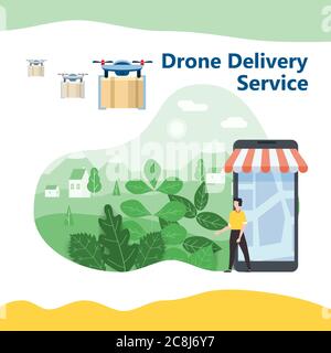 Le concept de livraison du drone vole avec le courrier, la livraison de colis. Un acheteur heureux rencontre un drone volant avec le colis. Design moderne Illustration de Vecteur