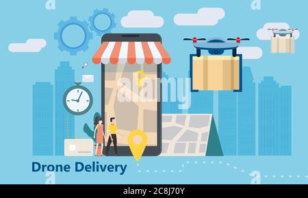 Concept de livraison du drone vole avec le courrier, la livraison de colis. Les gens minuscules se tiennent près d'un énorme smartphone, commander un produit, un chronomètre Illustration de Vecteur