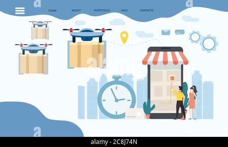 Concept de livraison du drone vole avec le courrier, la livraison de colis. Les gens minuscules se tiennent près d'un énorme smartphone, commander un produit, un chronomètre Illustration de Vecteur