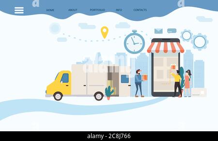 Livraison à l'arrivée des marchandises, suivi des marchandises en ligne tracker. Smartphone, camion de livraison de colis, personnes minuscules, personnages acheteur, fournisseur, chronomètre Illustration de Vecteur