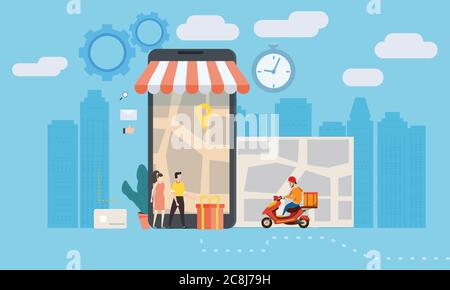 Concept Service de livraison en ligne, suivi en ligne tracker, page d'arrivée. Des gens minuscules, un scooter avec un liveur, un homme et une femme acheteurs, un Illustration de Vecteur