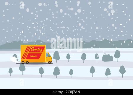 Le camion de livraison se déplace sur la route enneigée, concept, livraison rapide et pratique de marchandises et de colis. Transport de marchandises. Rapide Illustration de Vecteur