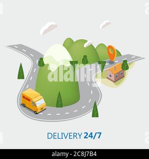 Concept de service de livraison, camion, camionnette, route de montagne de paysage, illustration isométrique de vecteur 3d, suivi de commande en ligne, concept Marketing. Vecteur Illustration de Vecteur
