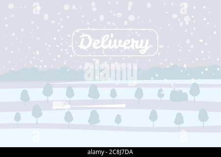 Le camion de livraison se déplace sur la route enneigée, concept, livraison rapide et pratique de marchandises et de colis. Transport de marchandises. Rapide Illustration de Vecteur