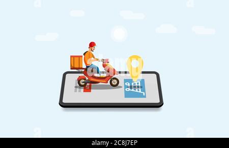 Concept Service de livraison en ligne, suivi en ligne tracker, page d'arrivée. Les gens minuscules mobyled avec un liveur, smartphone, isométrique, livraison de paquet Illustration de Vecteur