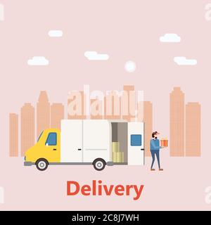 Service de livraison de concept, atterrissage. Le camion de livraison se déplace sur le chemin de l'acheteur. Service, livraison avec une boîte. Diffusion Internet, idée, vecteur Illustration de Vecteur