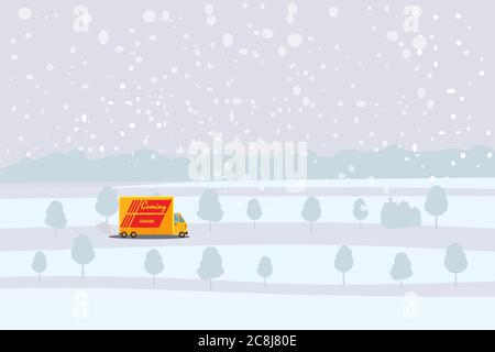 Le camion de livraison se déplace sur la route enneigée, concept, livraison rapide et pratique de marchandises et de colis. Transport de marchandises. Rapide Illustration de Vecteur