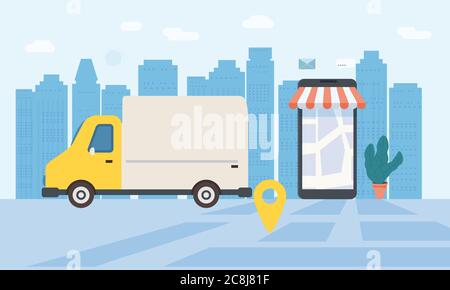 Livraison en ligne de marchandises, suivi en ligne de tracker. Smartphone, camion de livraison de colis, chronomètre. Concept, idée, vecteur, illustration pour les sites Web Illustration de Vecteur