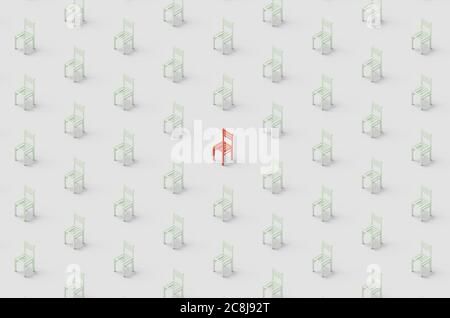 Chaises blanches sans couture motif minimal avec un siège rouge, social distancing coronavirus individualité concept rendu 3D Banque D'Images