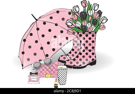 Beau parapluie, bottes en caoutchouc avec tulipes, sac et rouge à lèvres. Illustration vectorielle pour une carte ou une affiche. Imprimer sur des vêtements. Ressort. Mode et style. Illustration de Vecteur