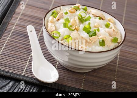 Poulet coréen et porridge de riz (Dak Juk) recette dans un bol sur la table. Horizontale Banque D'Images