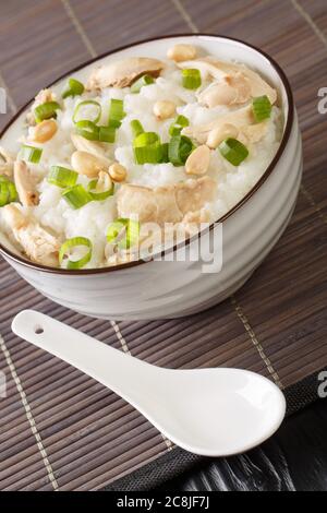 Bouillie de riz au poulet bouilli, aux arachides et aux oignons verts dans un bol sur la table. Vertical Banque D'Images