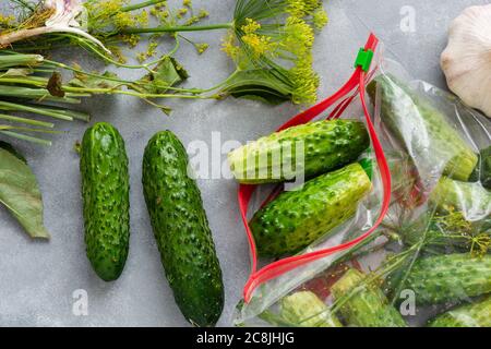 Concombres à faible teneur en sel dans un sac. Croque les concombres salés sans saumure. Salinisation à sec - une méthode de cuisson des cornichons. Banque D'Images