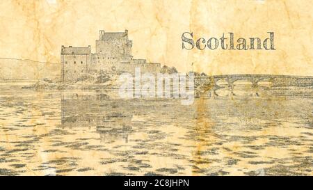 Croquis du château d'Eilean Donan en Écosse, Europe Banque D'Images