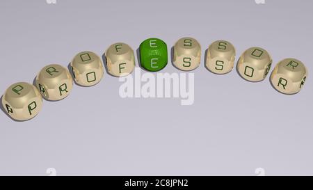professeur combiné par des lettres de dés et de couleur croisant pour les significations connexes du concept. illustration et dessin animé. Illustration 3D Banque D'Images