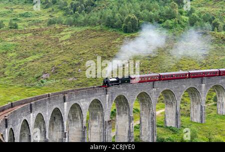 TRAIN À VAPEUR JACOBITE WEST HIGHLAND LINE ÉCOSSE EN ÉTÉ, LE TRAIN ET TROIS WAGONS TRAVERSENT LA PREMIÈRE PARTIE DU VIADUC DE GLENFINNAN Banque D'Images