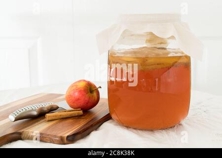 Ingrédients pour préparer une boisson de kombucha à la pomme et à la cannelle Banque D'Images