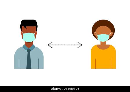 Nouvelle norme sur le lieu de travail. Les hommes d'affaires et les femmes d'affaires afro-américains portent des masques de protection. Distanciation sociale au travail. Protection contre les coronavirus. Illustration de Vecteur