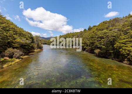 Rivière Mavora au point où elle s'écoule du lac Mavora Sud avec des forêts bordant chaque côté. Banque D'Images