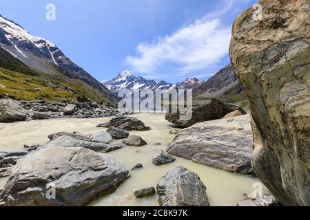 La rivière Hooker s'écoulant du lac glaciaire, le lac Hooker avec le Mont Cook en arrière-plan. Banque D'Images